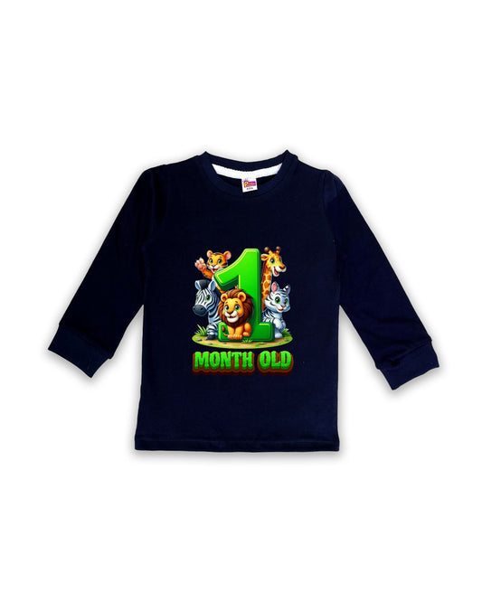 Newborn Navy Full Sleeve "1 Month Old" Birthday Tees – Soft Cotton | Jungle Animal Print | Milestone Outfit NPT003