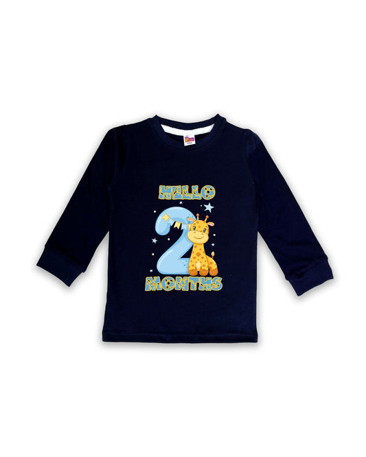 Newborn Navy Full Sleeve "Hello 2 Months" Milestone Tees – Soft Cotton | Cute Giraffe Design | Milestone Outfit NPT021