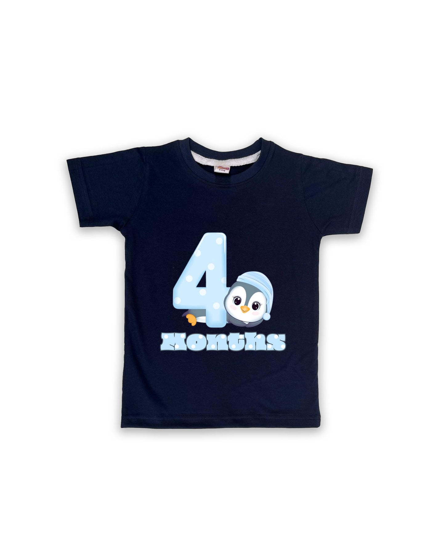 Newborn Half-Sleeve Navy Tees - 4 Months Milestone Tees with Adorable Penguin Design - Soft Cotton Baby Vest NPT0157