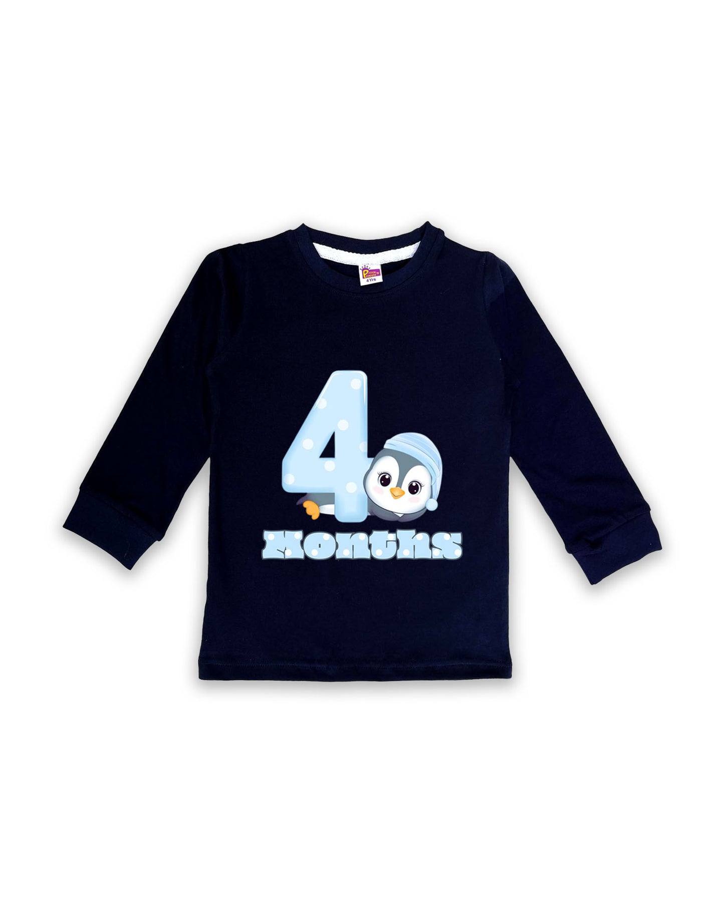Newborn Full-Sleeve Navy Tees - 4 Months Milestone Tees with Adorable Penguin Design - Soft Cotton Baby Tees NPT0221