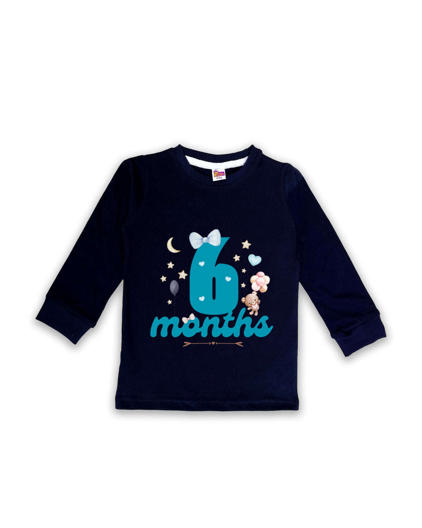 Newborn Full-Sleeve Navy Tees - 6 Months Milestone Tees with Teddy Bear & Balloon Design - Soft Cotton Baby NPT0242
