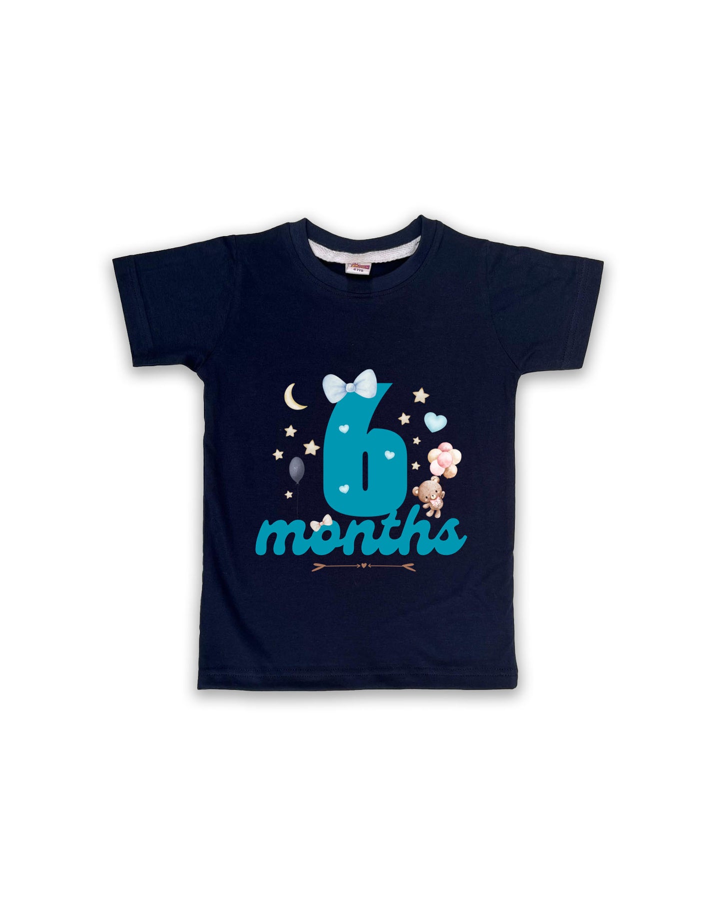 Newborn Half-Sleeve Navy Tees - 6 Months Milestone Tees with Teddy Bear & Balloon Design - Soft Cotton Baby Tees NPT0178