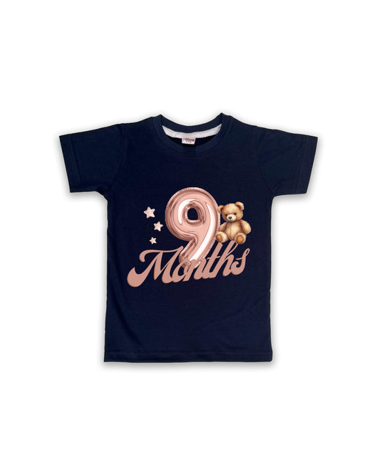 Newborn Half-Sleeve Navy Tees - 9 Months Milestone Tees with Balloon Number & Teddy Bear Design - Soft Cotton Baby Tees NPT0209