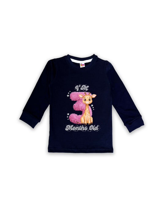 Newborn Navy Full Sleeve "I’m 3 Months Old" Milestone Tees – Soft Cotton | Pink 3 with Giraffe Print | Milestone Outfit NPT030