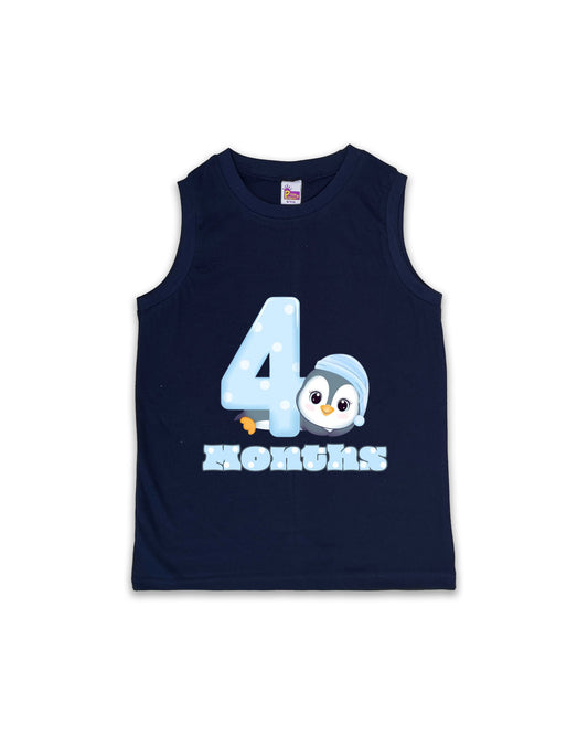 Newborn Sleeveless Navy Vest - 4 Months Milestone Tee with Cute Penguin Design - Soft Cotton Baby Vest NPT115