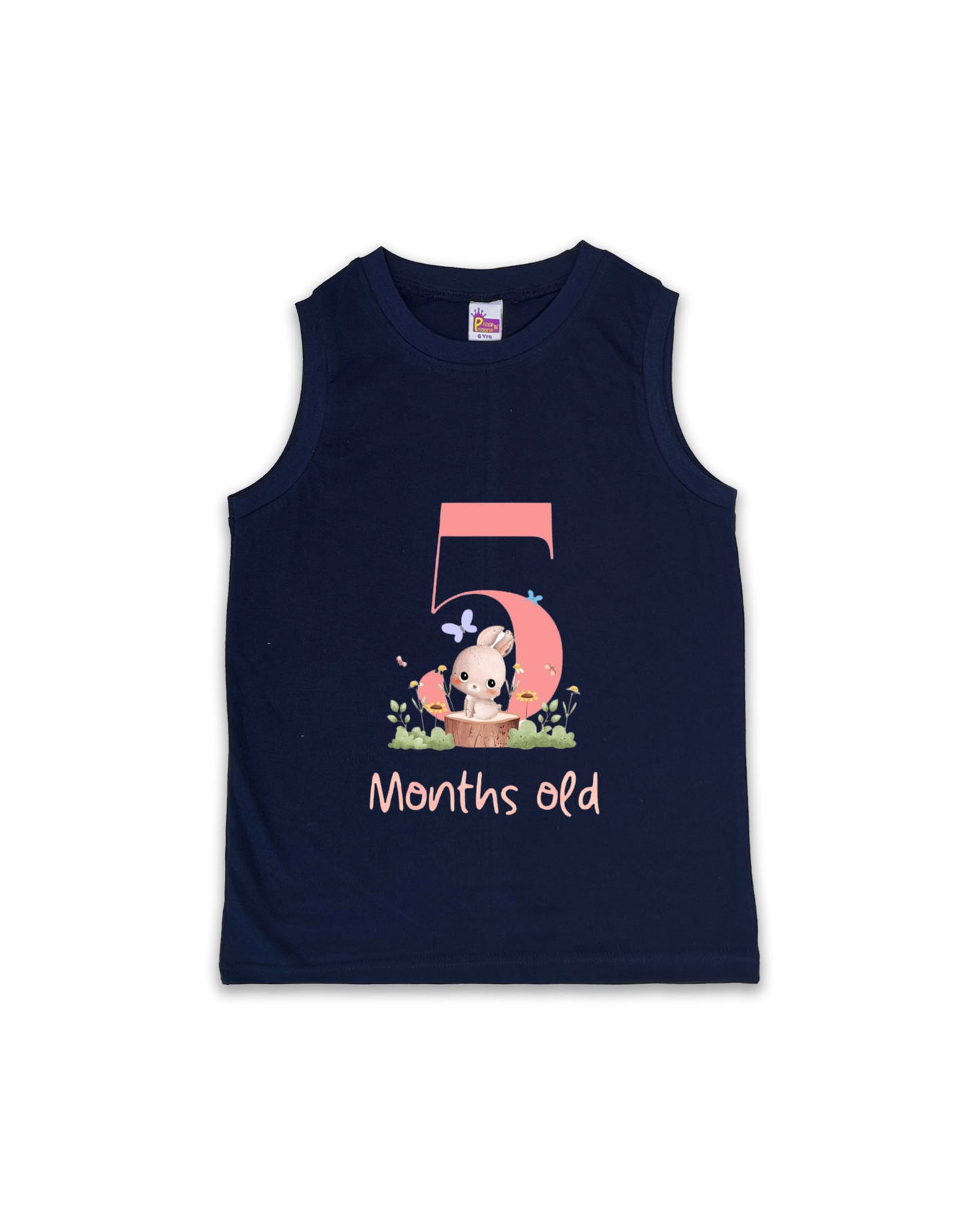 Newborn Sleeveless Navy Vest - 5 Months Old Milestone vest with Adorable Bunny Design - Soft Cotton Baby Vest NPT122