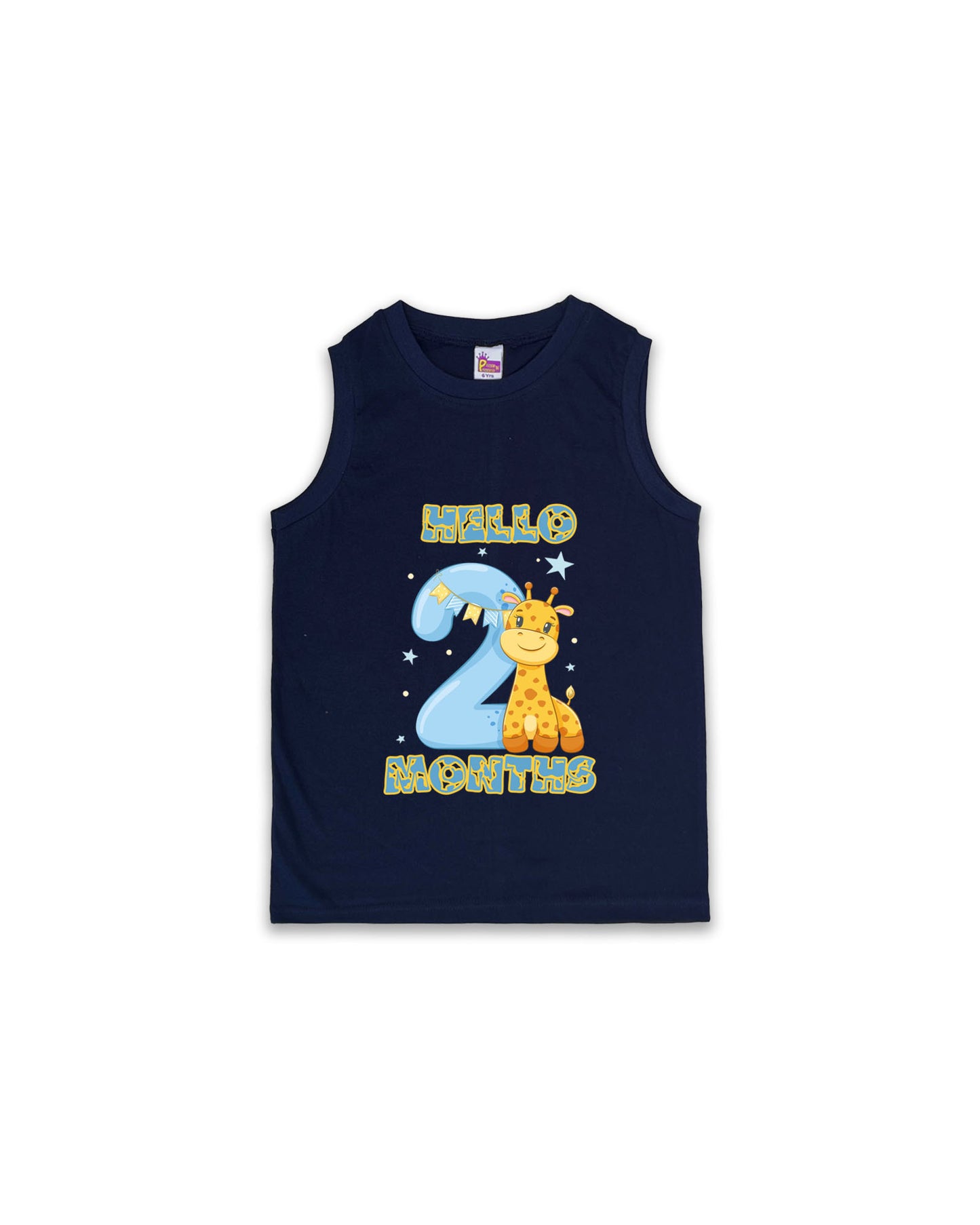 Newborn Navy Sleeveless Vest "Hello 2 Months" – Soft Cotton | Giraffe Print Milestone Vest for Babies | NPT087
