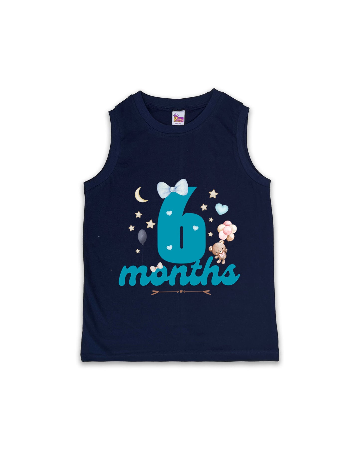 Newborn Sleeveless Navy Vest - 6 Months Milestone Vest with Cute Teddy Bear & Balloons Design - Soft Cotton Baby Vest NPT128