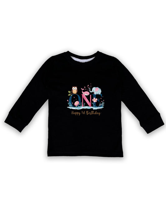 Unisex Full Sleeve Black Tees "ONE - Happy 1st Birthday" – Soft Cotton | Cute Animal & Floral Print | First Birthday Outfit| NPT096