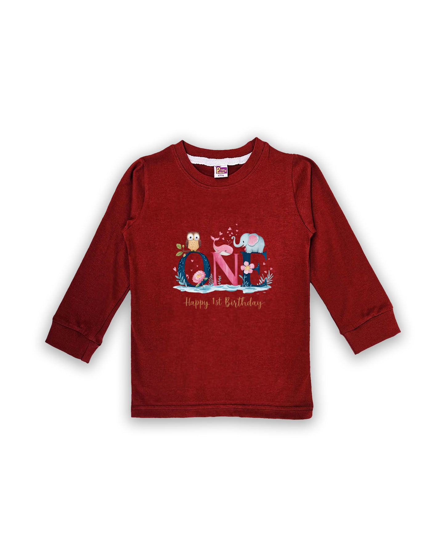 Unisex Full Sleeve Maroon Tees "ONE - Happy 1st Birthday" – Soft Cotton | Cute Animal & Floral Print | First Birthday Outfit| NPT0101