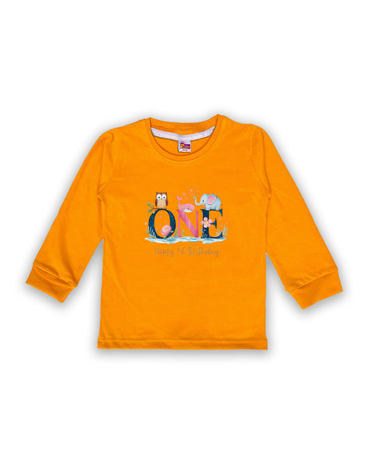 Unisex Full Sleeve Mustard Tees "ONE - Happy 1st Birthday" – Soft Cotton | Cute Animal & Floral Print | First Birthday Outfit| NPT0103