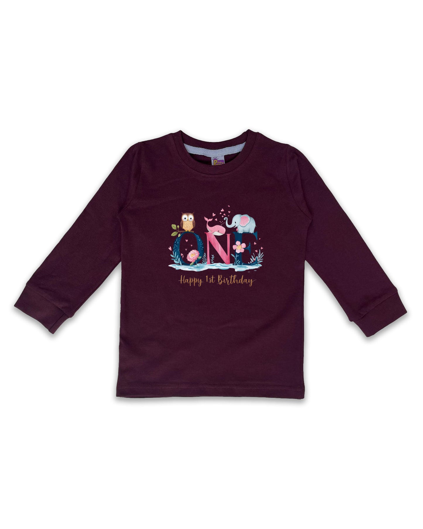 Unisex Full Sleeve Wine Tees "ONE - Happy 1st Birthday" – Soft Cotton | Cute Animal & Floral Print | First Birthday Outfit| NPT0106
