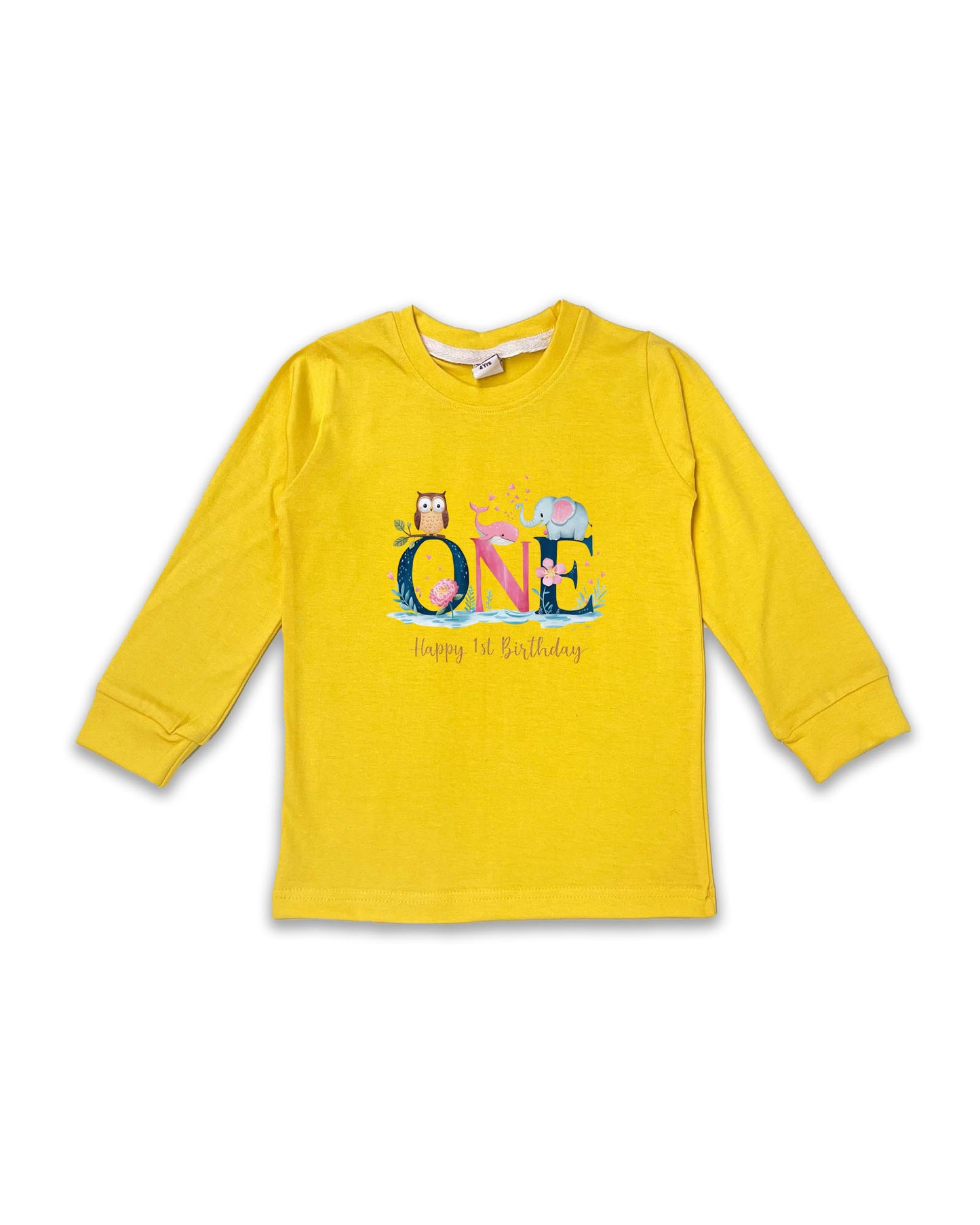 Unisex Full Sleeve Yellow Tees "ONE - Happy 1st Birthday" – Soft Cotton | Cute Animal & Floral Print | First Birthday Outfit| NPT0107