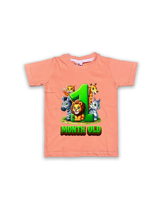 Newborn Peach Tees "1 Month Old" – Soft Cotton | Jungle Animal Milestone Tees | Short Sleeve Monthly Outfit NPT044