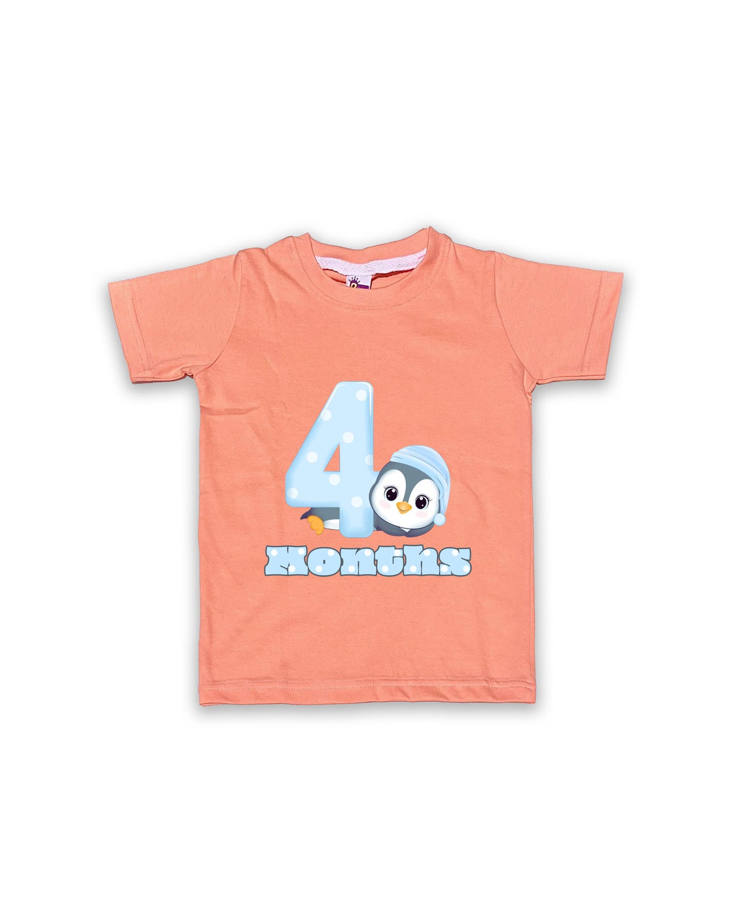 Newborn Half-Sleeve Peach Tees - 4 Months Milestone Tees with Adorable Penguin Design - Soft Cotton Baby Vest NPT0158