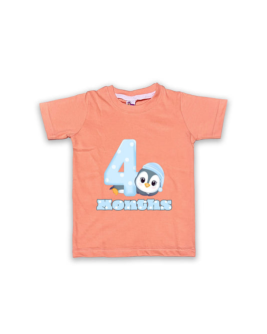 Newborn Half-Sleeve Peach Tees - 4 Months Milestone Tees with Adorable Penguin Design - Soft Cotton Baby Vest NPT0158