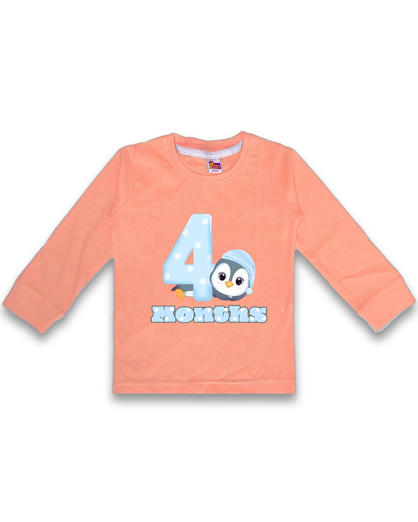 Newborn Full-Sleeve Peach Tees - 4 Months Milestone Tees with Adorable Penguin Design - Soft Cotton Baby Tees NPT0222