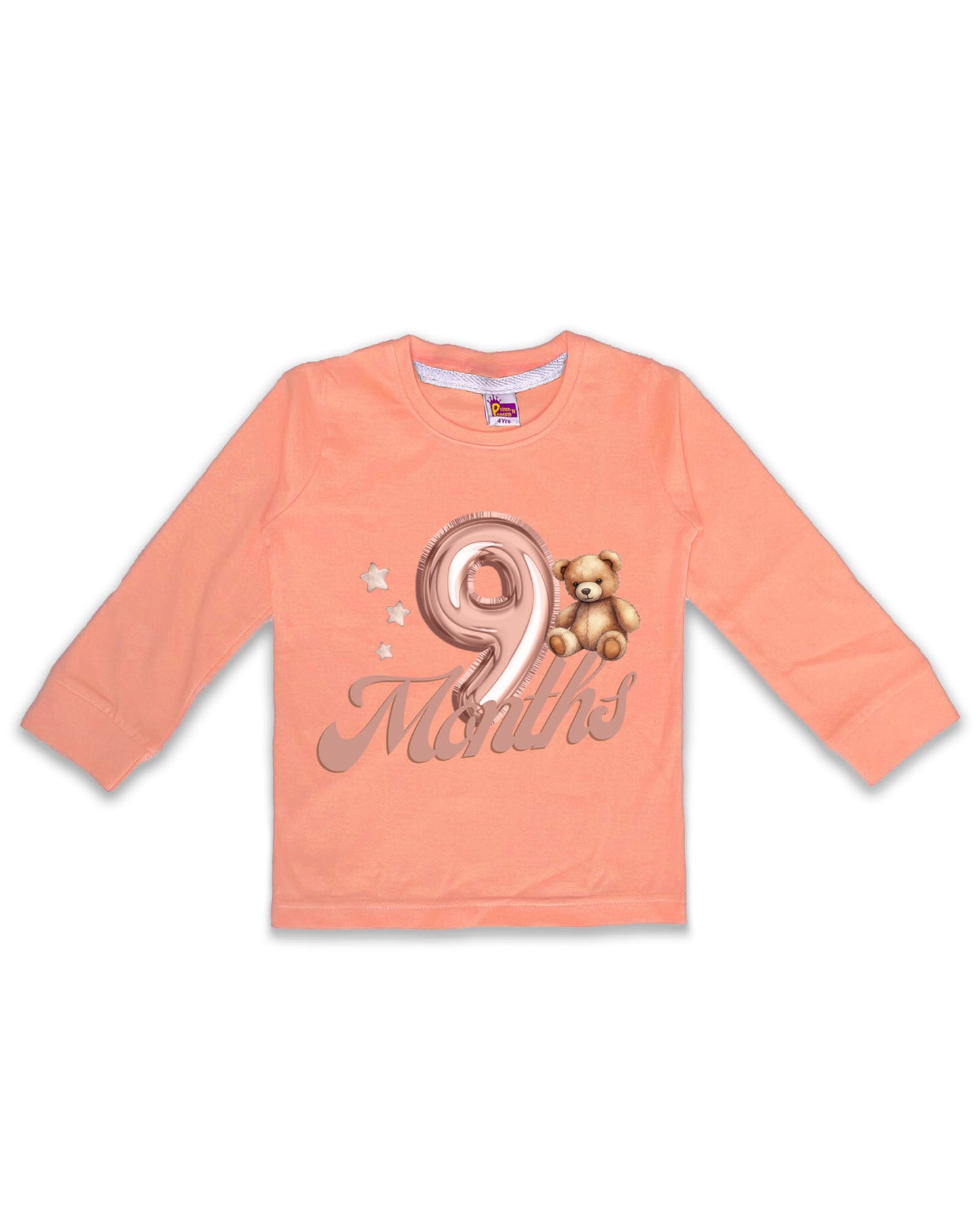 Newborn Full-Sleeve Peach Tees - 9 Months Milestone Tees with Balloon Number & Teddy Bear Design - Soft Cotton Baby Tees NPT0274
