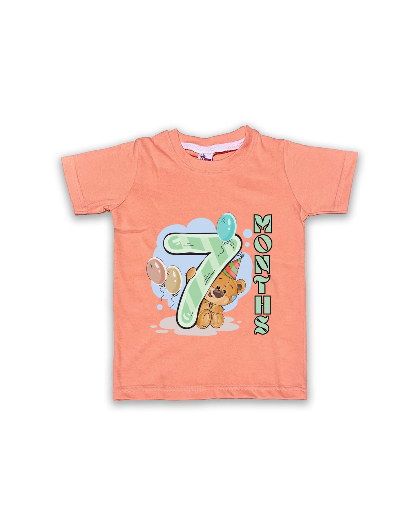 Newborn Half-Sleeve Peach Tees - 7 Months Milestone Tees with Party Bear & Balloons Design - Soft Cotton Baby Tees NPT0190