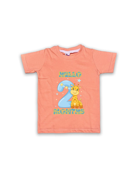 Newborn Peach Tees "Hello 2 Months" – Soft Cotton | Giraffe & Stars Milestone Outfit | Short Sleeve Baby Tees NPT057