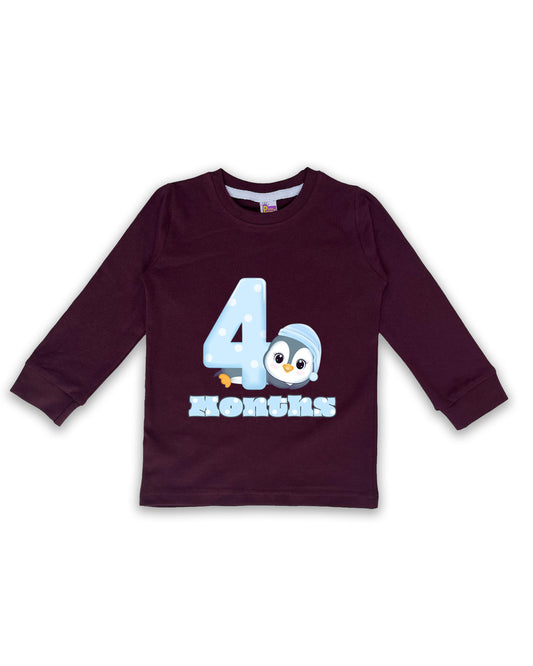 Newborn Full-Sleeve Wine Tees - 4 Months Milestone Tees with Adorable Penguin Design - Soft Cotton Baby Tees NPT0223