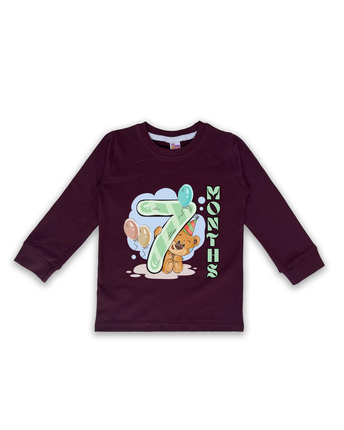 Newborn Full-Sleeve Wine Tees - 7 Months Milestone Tees with Party Bear & Balloons Design - Soft Cotton Baby Tees NPT0255