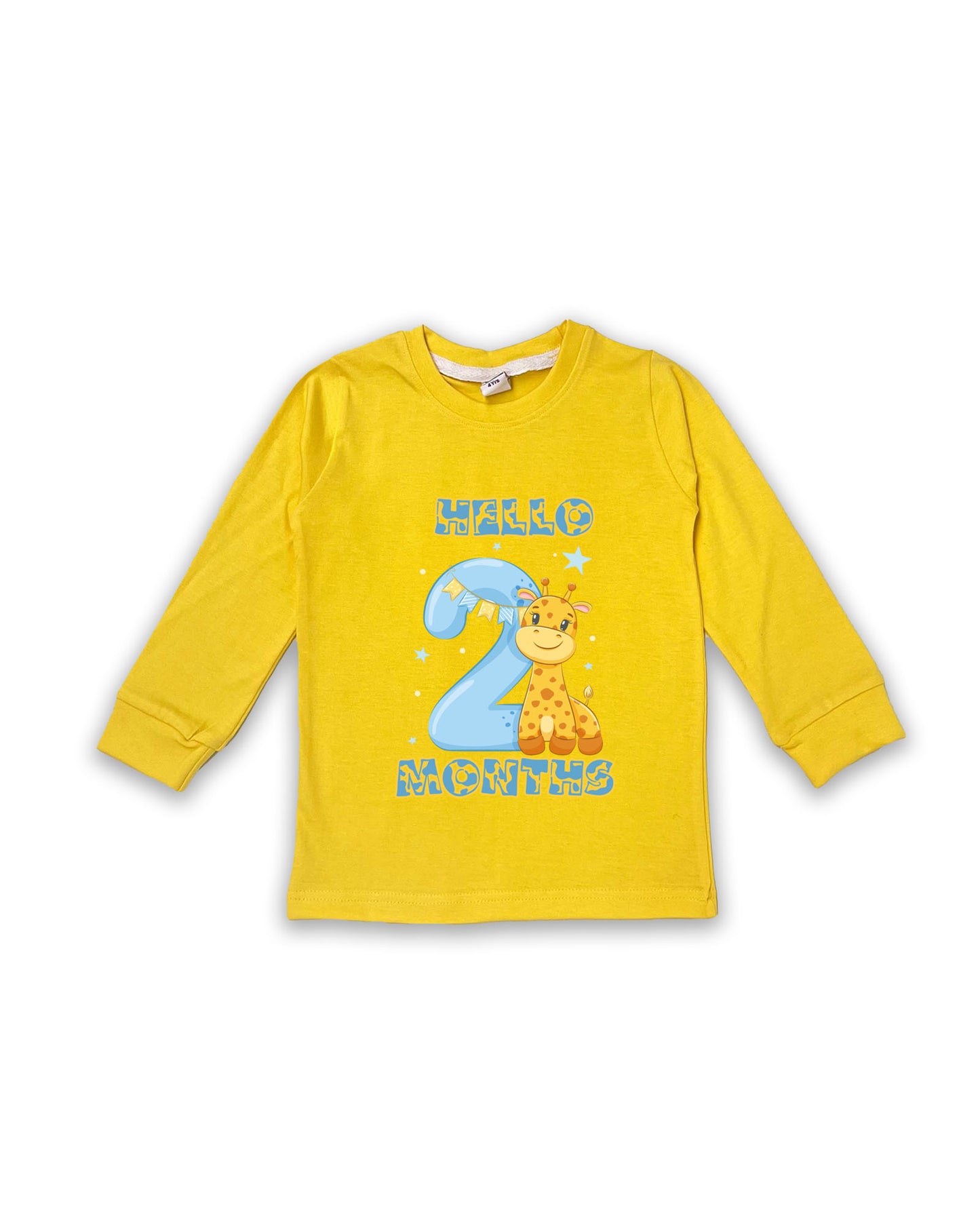 Newborn Yellow Full Sleeve "Hello 2 Months" Milestone Tees – Soft Cotton | Cute Giraffe Design | Milestone Outfit NPT019