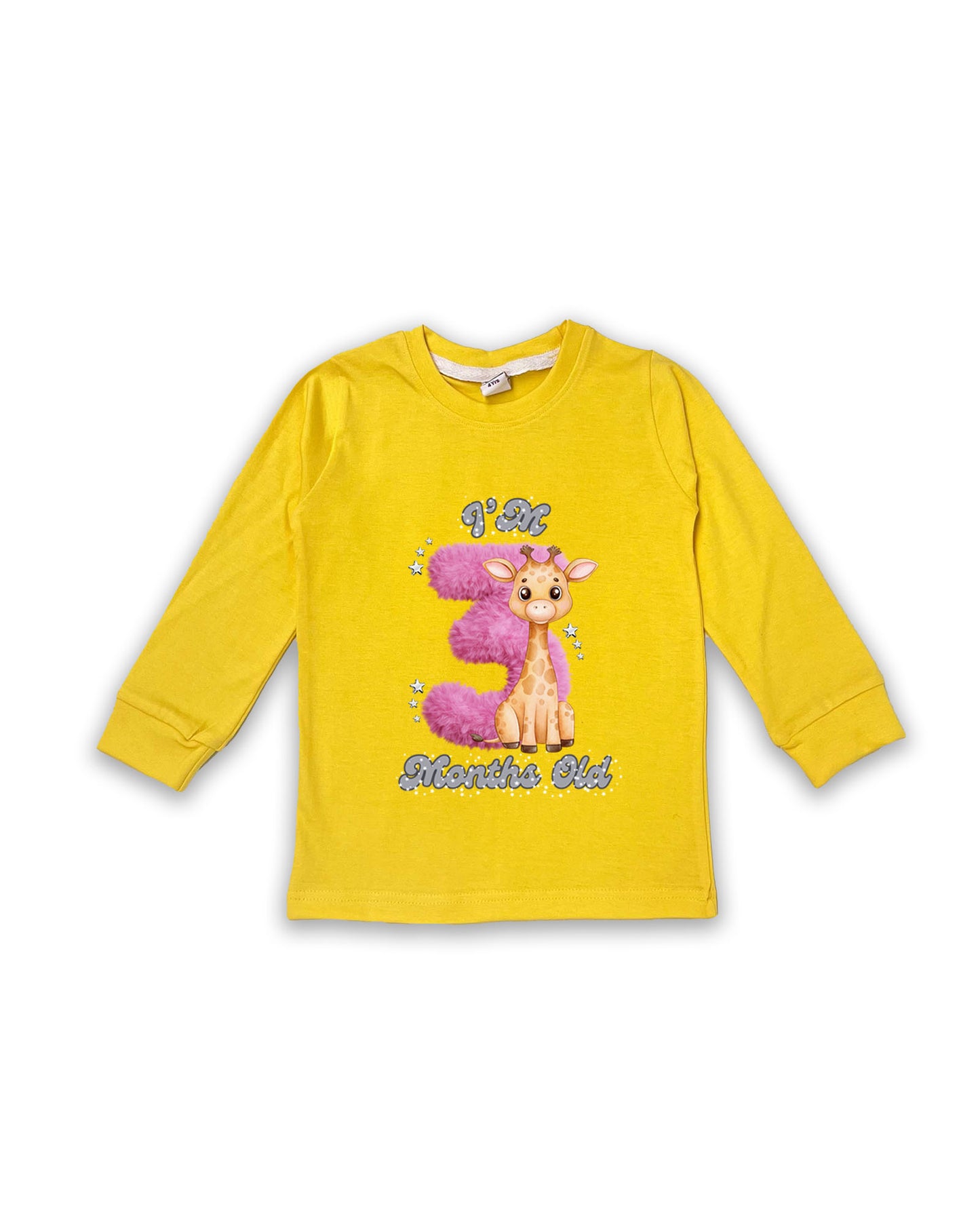 Newborn Yellow Full Sleeve "I’m 3 Months Old" Milestone Tees – Soft Cotton | Pink 3 with Giraffe Print | Milestone Outfit NPT033