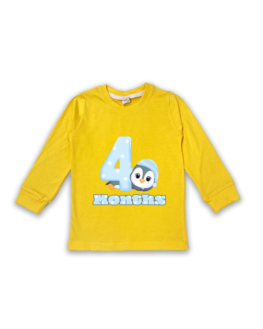 Newborn Full-Sleeve Yellow Tees - 4 Months Milestone Tees with Adorable Penguin Design - Soft Cotton Baby Tees NPT0224