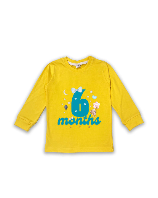 Newborn Full-Sleeve Yellow Tees - 6 Months Milestone Tees with Teddy Bear & Balloon Design - Soft Cotton Baby NPT0245