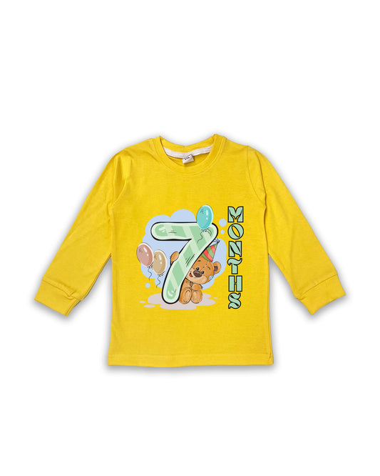 Newborn Full-Sleeve Yellow Tees - 7 Months Milestone Tees with Party Bear & Balloons Design - Soft Cotton Baby Tees NPT0256