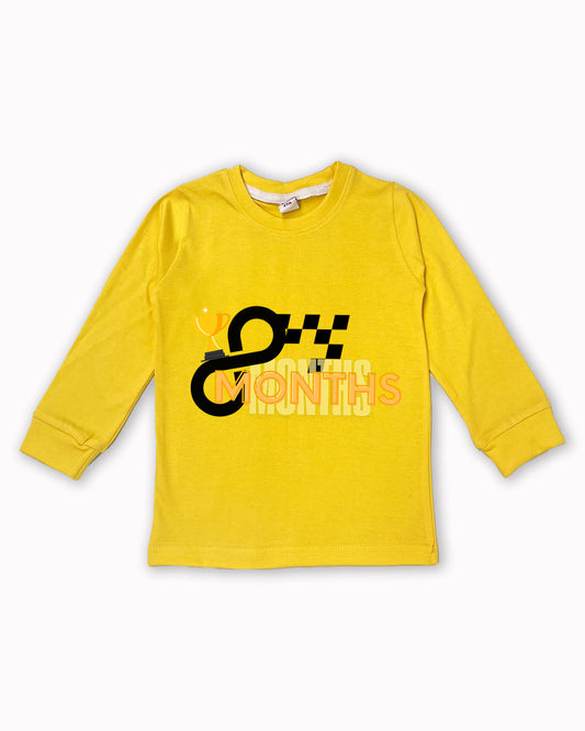 Newborn Full-Sleeve Yellow Tees - 8 Months Milestone Tees with Racing Trophy & Checkered Flag Design - Soft Cotton Baby Tees NPT0264