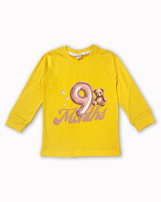 Newborn Full-Sleeve Yellow Tees - 9 Months Milestone Tees with Balloon Number & Teddy Bear Design - Soft Cotton Baby Tees NPT0276