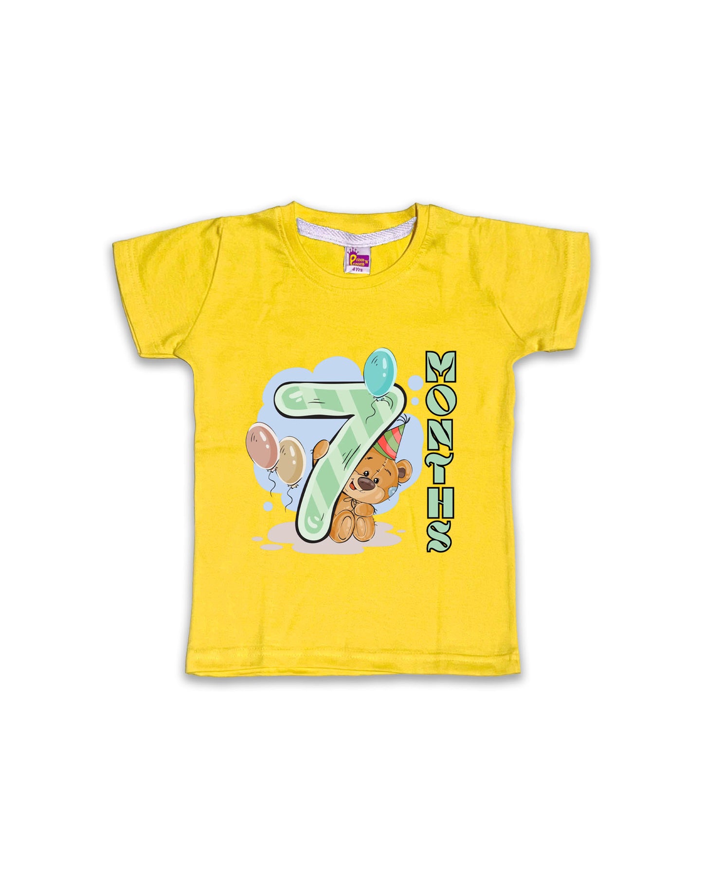 Newborn Half-Sleeve Yellow Tees - 7 Months Milestone Tees with Party Bear & Balloons Design - Soft Cotton Baby Tees NPT0192