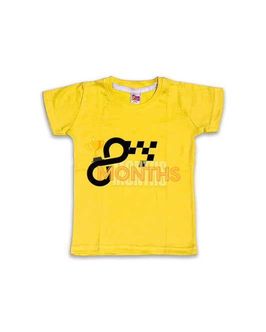 Newborn Half-Sleeve Yellow Tees - 8 Months Milestone Tees with Racing Trophy & Checkered Flag Design - Soft Cotton Baby Tees NPT0200