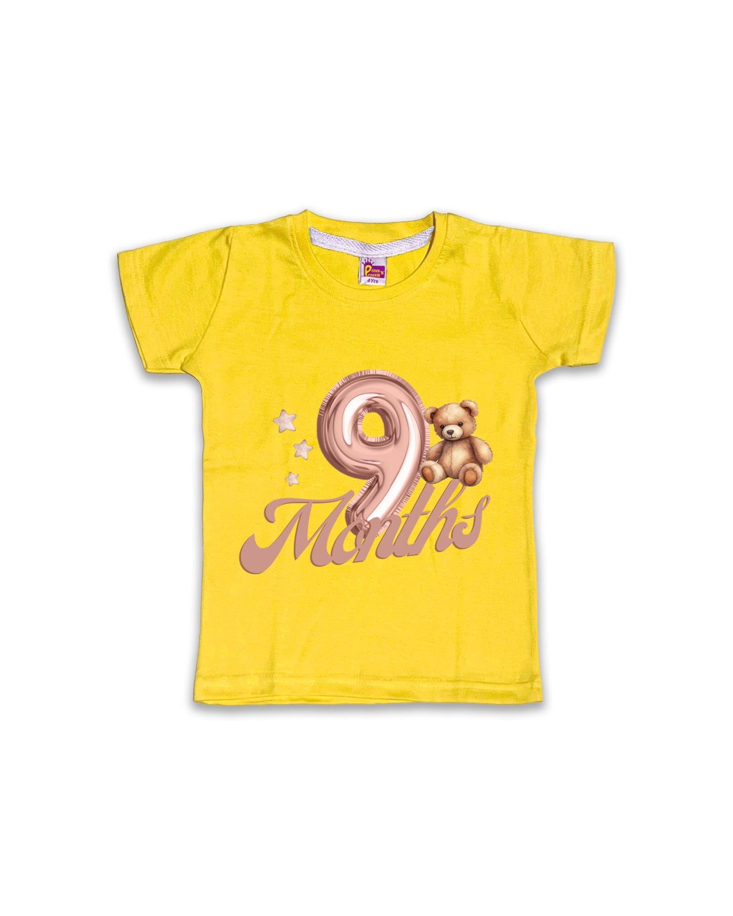 Newborn Half-Sleeve Yellow Tees - 9 Months Milestone Tees with Balloon Number & Teddy Bear Design - Soft Cotton Baby Tees NPT0212