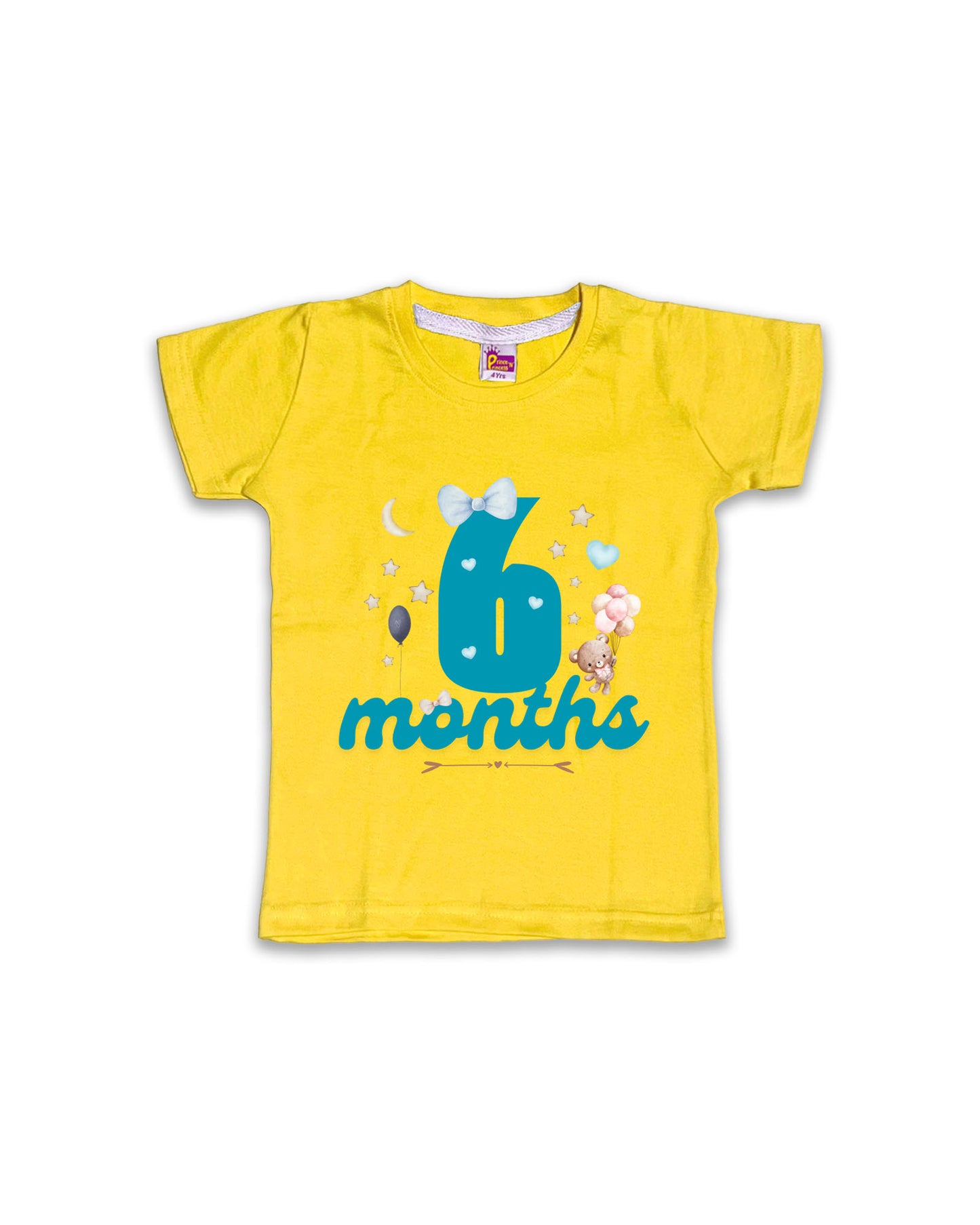 Newborn Half-Sleeve Yellow Tees - 6 Months Milestone Tees with Teddy Bear & Balloon Design - Soft Cotton Baby Tees NPT0181