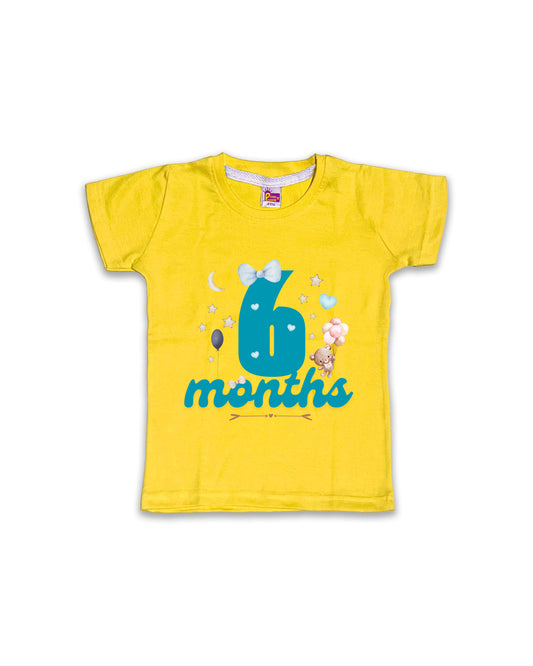 Newborn Half-Sleeve Yellow Tees - 6 Months Milestone Tees with Teddy Bear & Balloon Design - Soft Cotton Baby Tees NPT0181
